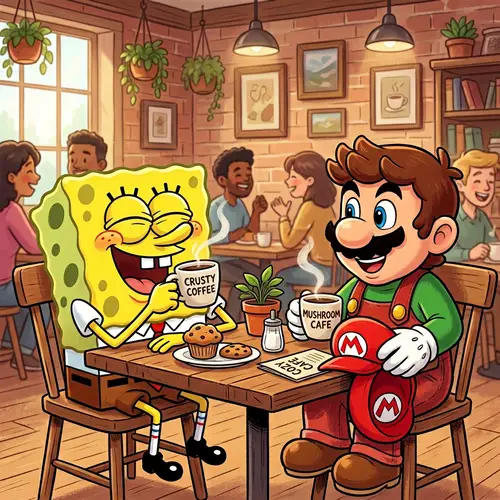 Cartoon Sponge and Plumber at Cozy Cafe | Fun Coffee Moment