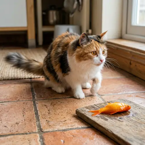 Cat with Amber Eyes Anticipates Vibrant Orange Goldfish