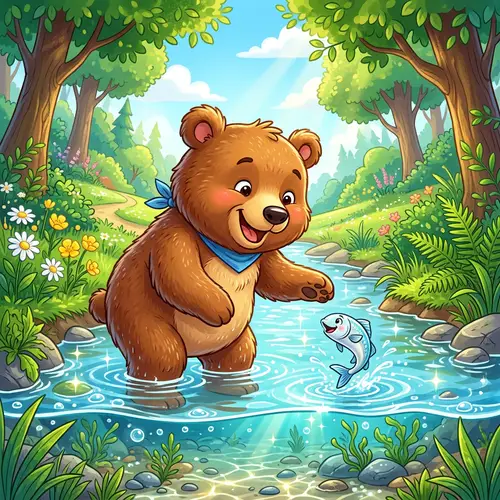 Bright and Happy Cartoon Bear with Minnow
