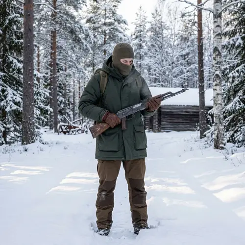 Caucasian Man in Cold Weather Attire Holding AK47 in Snowy Landscape