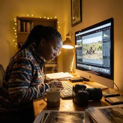 Late-Night Tanzanian Photographer Editing Pictures | Cozy Atmosphere