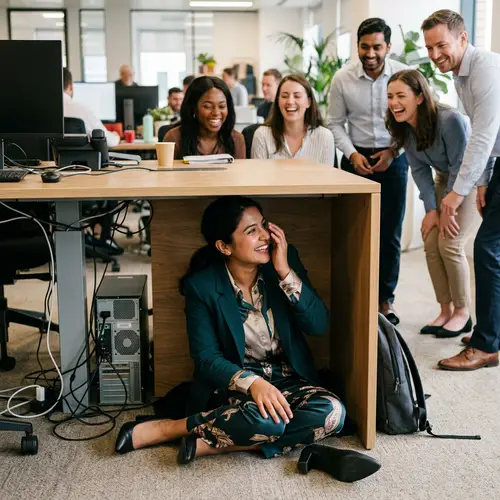Embarrassed Businesswoman Seeks Shelter - Office Humor
