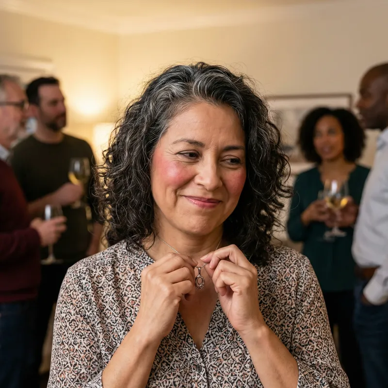 Embarrassed Yet Flattered Woman in Social Setting