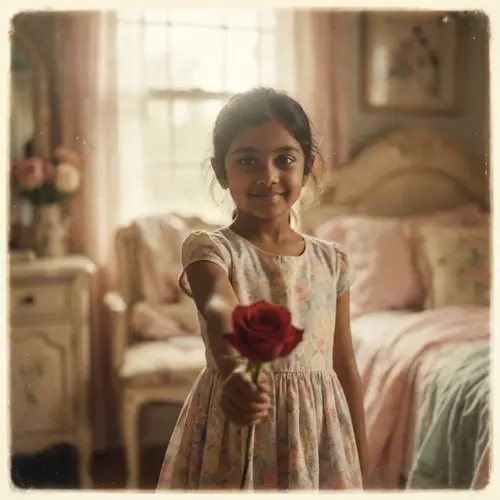 Enchanting Young Girl with Red Rose - Nostalgic Pastel Scene