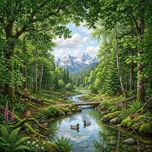Realistic Nature Scene: Lush Forest Canopy & Snowy Mountains