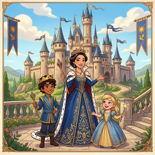 Cartoon Queen with Children and Castle - Enchanting Fantasy Scene