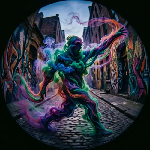 Mysterious Figure in Surrealism: Dynamic Pose & Bold Colors