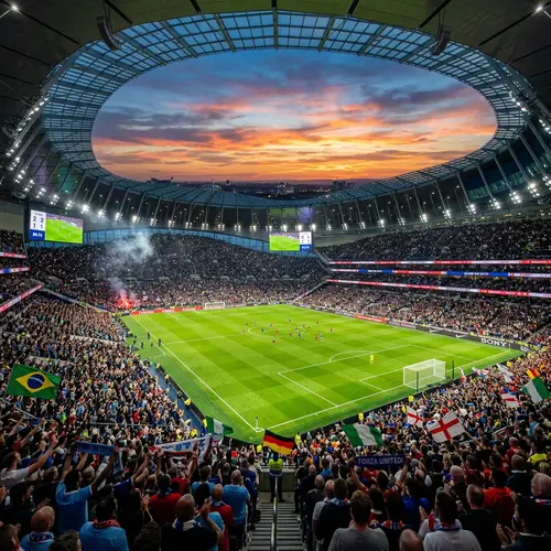 Vibrant Football Stadium Scene - Spectators, Match, and Sunset