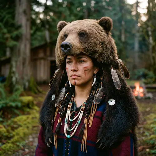 Native American Woman in Bear Skin Headdress