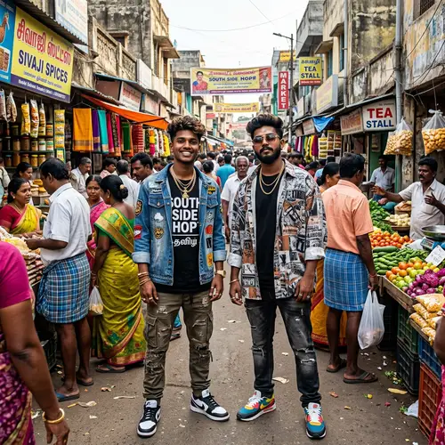 Dapper South Indian Boys in Hip Hop Fashion Amidst Bustling Market