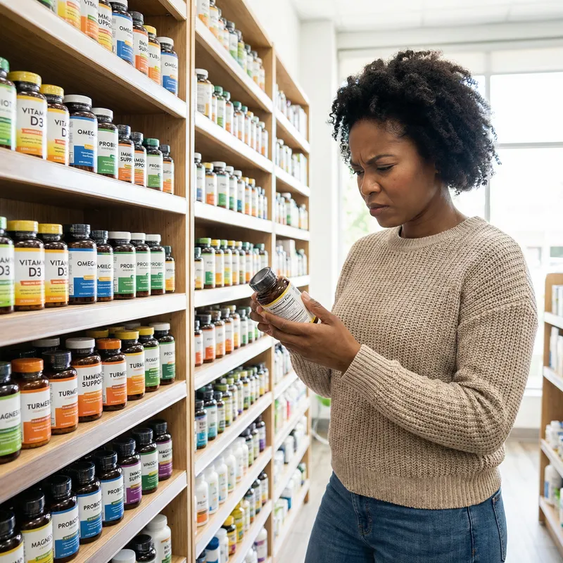 Woman Choosing Quality Vitamins | Pharmacy Supplement Shopping Woman Choosing Quality Vitamins | Pharmacy Supplement Shopping