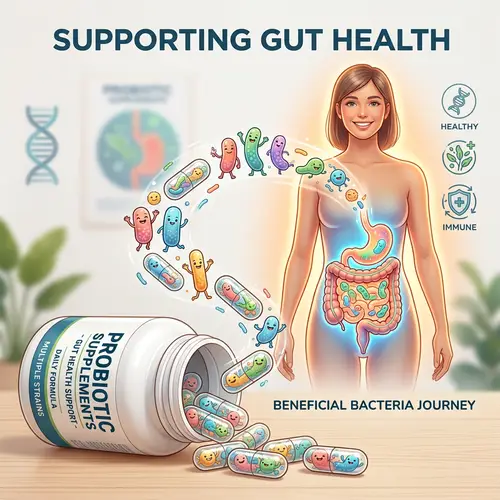 Probiotic Supplements for Gut Health with Friendly Bacteria Characters