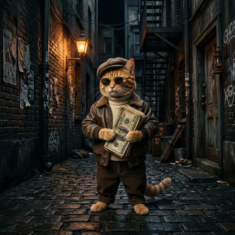 Cool Cat in Vintage Gear Holding Cash