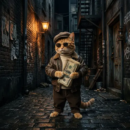 Cool Cat in Vintage Gear Holding Cash