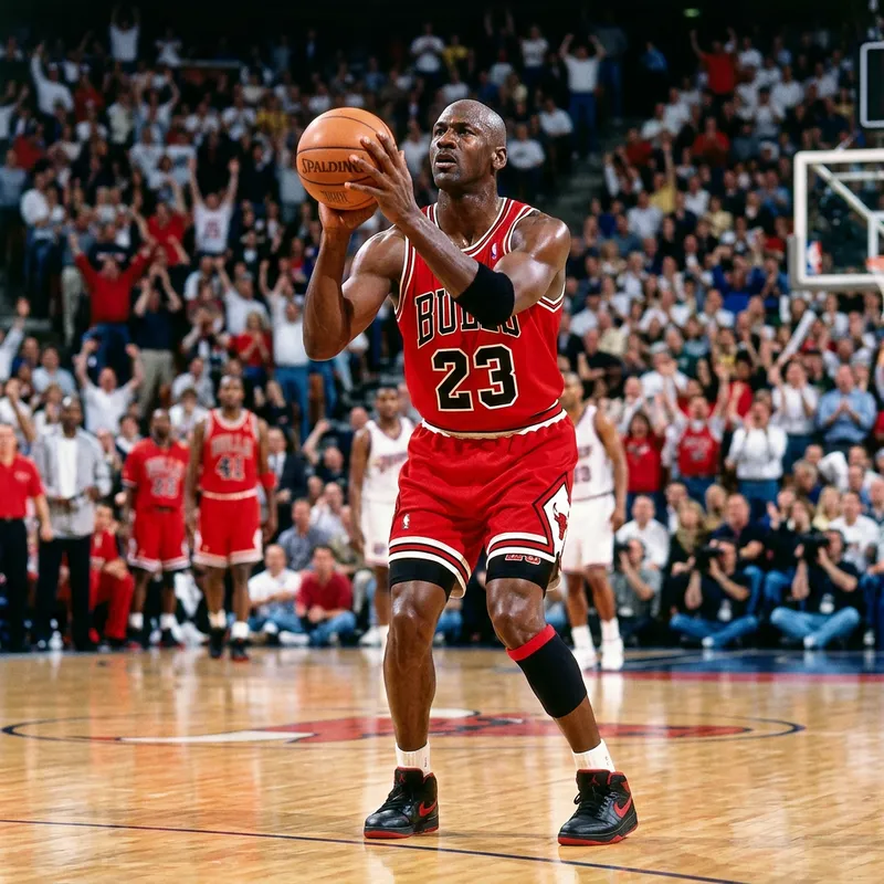 Michael Jordan Red Basketball Uniform - Iconic Athlete Portrait on Hardwood Court Michael Jordan Red Basketball Uniform - Iconic Athlete Portrait on Hardwood Court