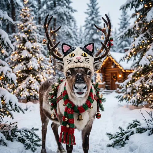 Festive Reindeer with Cat Hat
