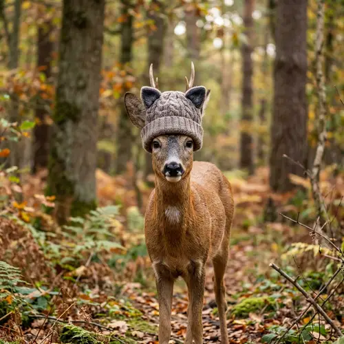Deer Wearing Hat with Cat Ears - Cute Wildlife Fashion