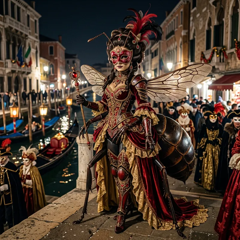 Human Ant Queen Hybrid in Red Venetian Mask