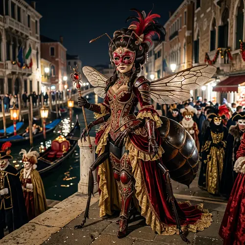 Human Ant Queen Hybrid in Red Venetian Mask