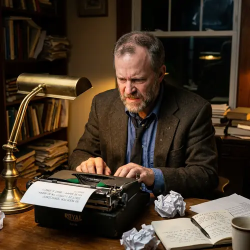 Vintage Typewriter Scene: Frustration and Determination