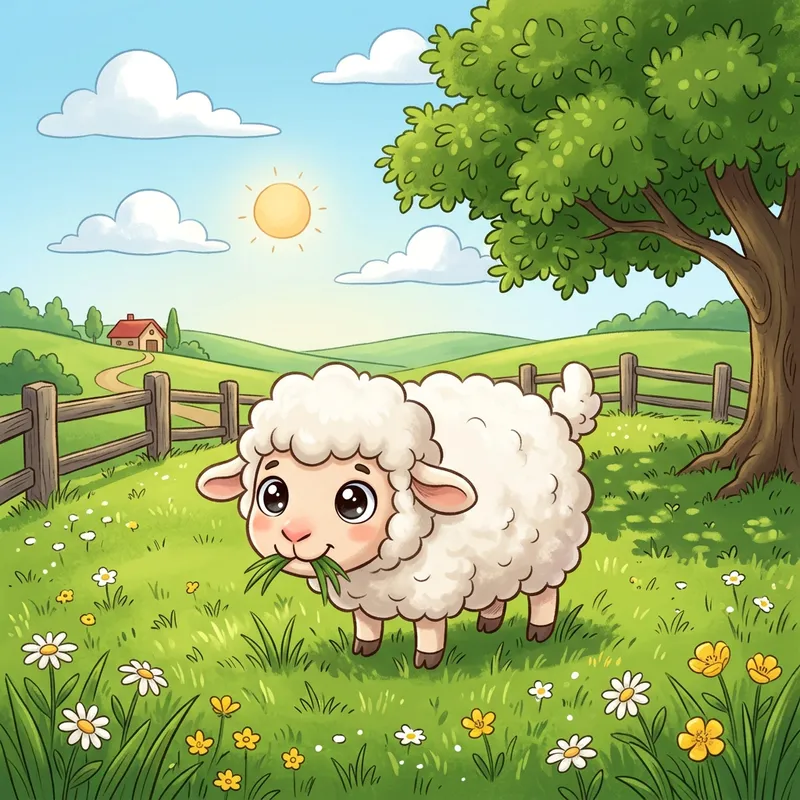 Cute Sheep Cartoon Share in Green Pasture | Adorable Illustration
