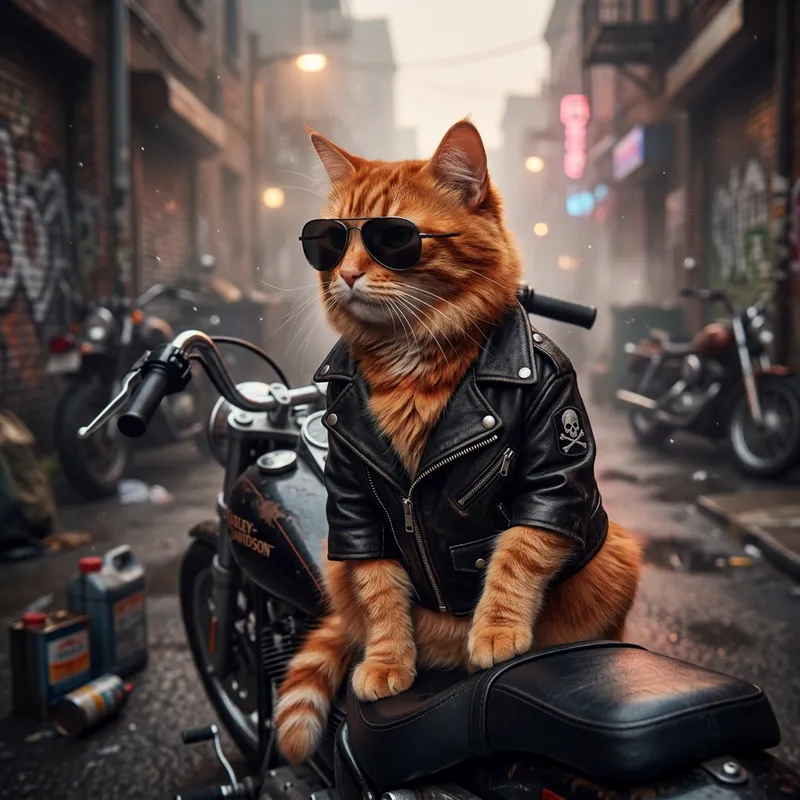 Red-Haired Cat in Leather Jacket - Biker Style