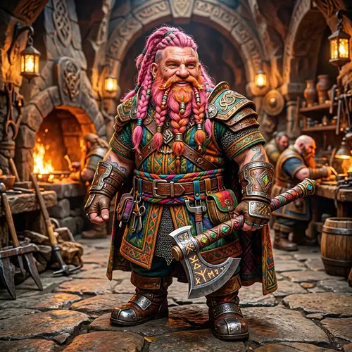 Colorful Dwarf with Axe and Pink Hair
