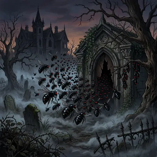 Gothic Horror Illustration: Eerie Bees in Twilight Mist