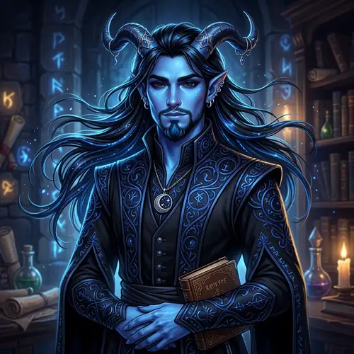 Celestial Tiefling Character with Captivating Blue Skin and Mystical Aura