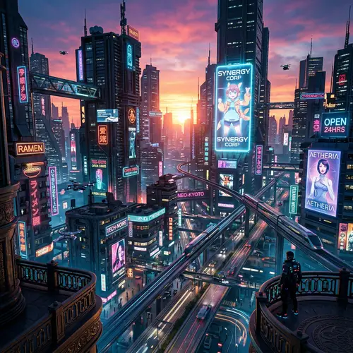 Futuristic Cyberpunk Cityscape at Sunset | Neon Lights & Holographic Billboards