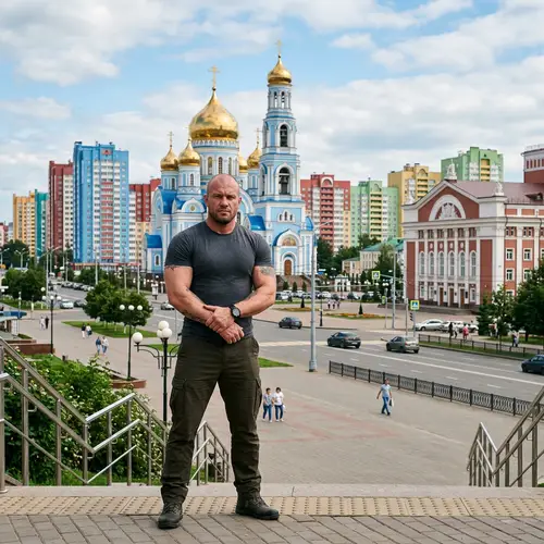 Muscular Man Standing in Saransk, Russia | Landmarks & Cityscape View