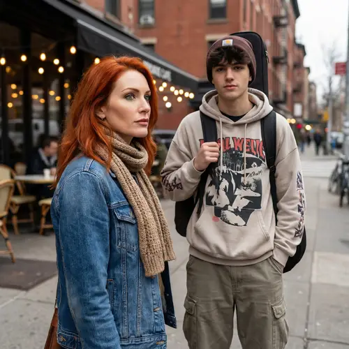 Red-Haired Woman and Young Man in Trendy Street Fashion