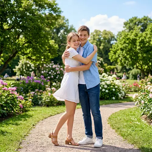 Teenage Girl in White Dress and Heels Sharing Friendly Hug