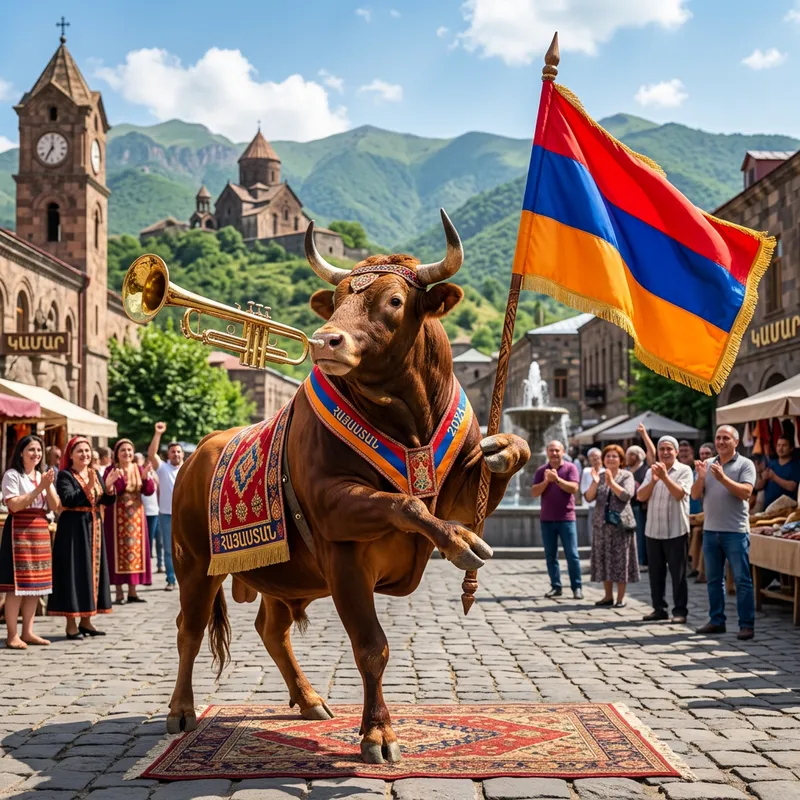 Bull with Trumpet and Armenian Flag - Unique Artwork Bull with Trumpet and Armenian Flag - Unique Artwork
