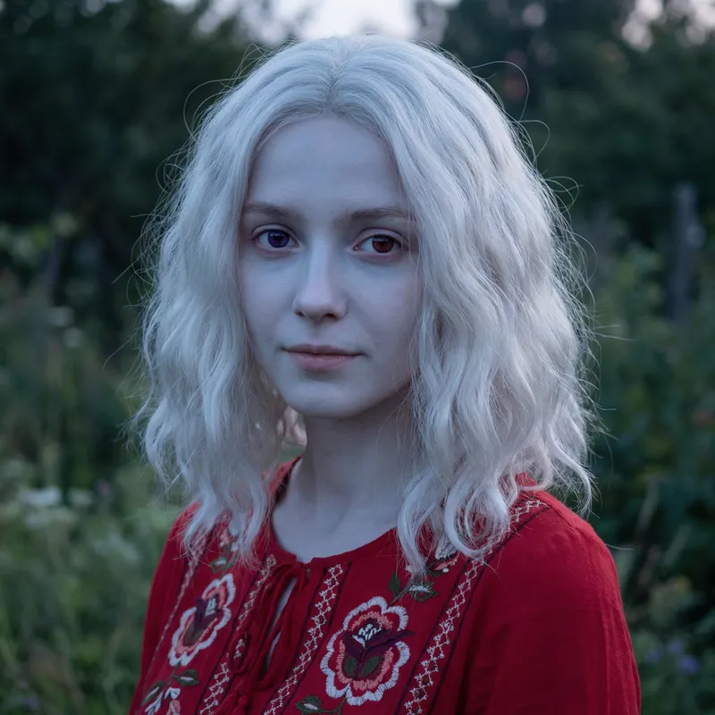 Innocent 18-Year-Old Girl with Unique Features in Red Dress