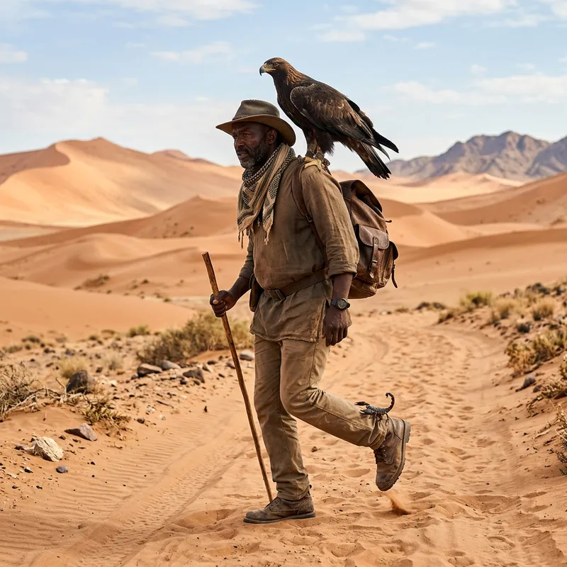 Desert Journey: Man, Eagle, and Scorpion