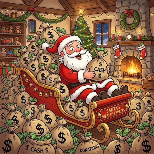 Santa Claus Cartoon with Bags of Cash - Festive Wealth Illustration