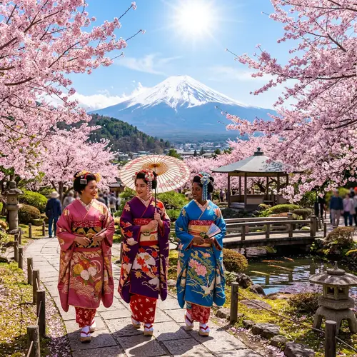 Japanese Garden with Cherry Blossoms and Geishas at Mount Fuji