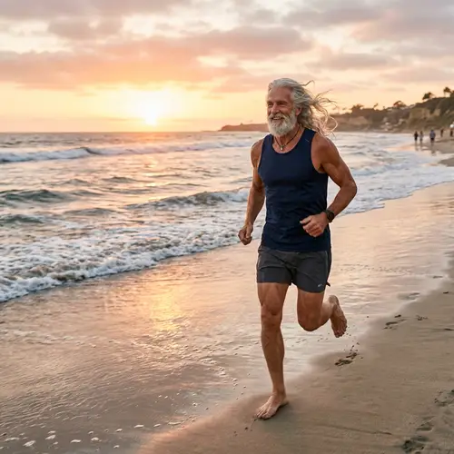 Athletic Grandpa Running on the Beach