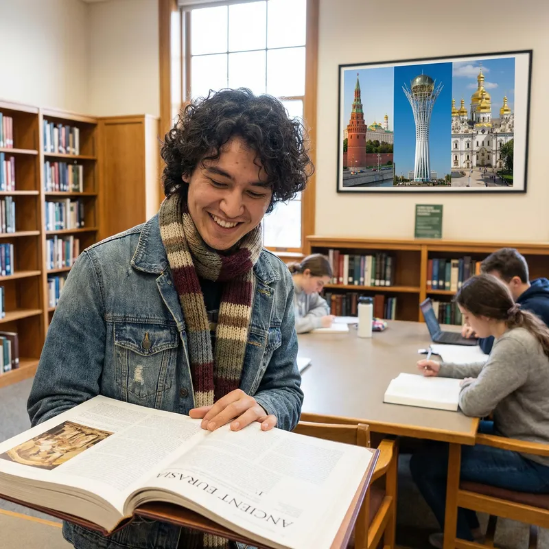 Happy Student from Russia, Kazakhstan, Ukraine: Cultural Blend in Library