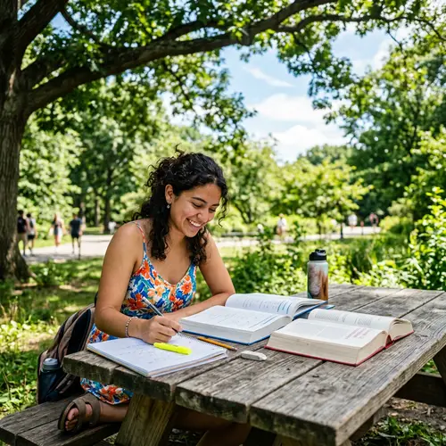 Joyful Hispanic Female Student Studying Outdoors | Education Image