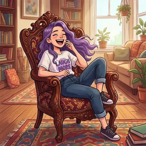 Cartoon Teenage Girl with Fair Skin and Violet Hair in Playful Scene