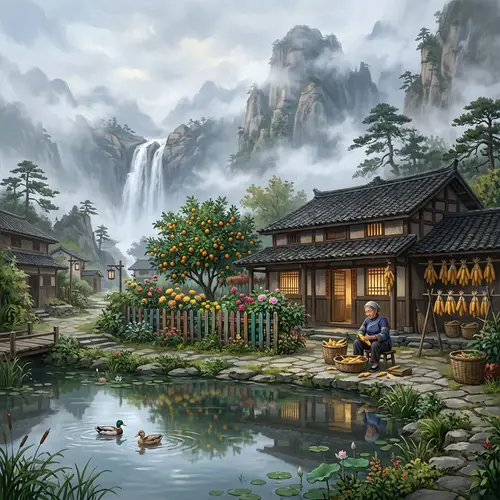 Tranquil East Asian Village Scene Digital Art