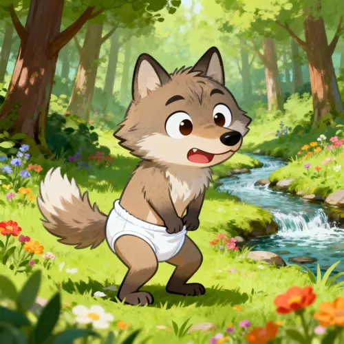 Cartoon Wolf Character in Diaper - Funny Forest Scene