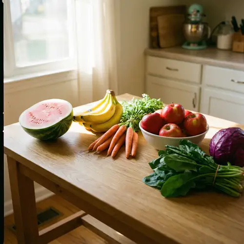 Vibrant Healthy Eating: Colorful Fruits & Vegetables on Wooden Table