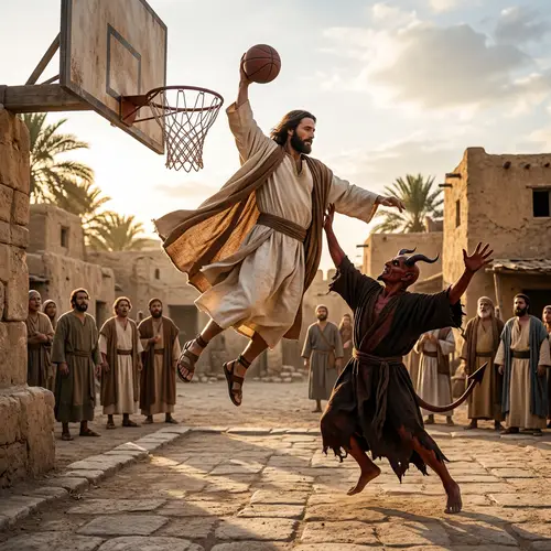 Biblical Figure Basketball Dunk vs Evil Entity Defense