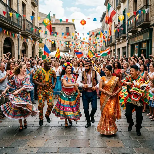 Vibrant Street Scene at Folklore Festival with Diverse Dancers