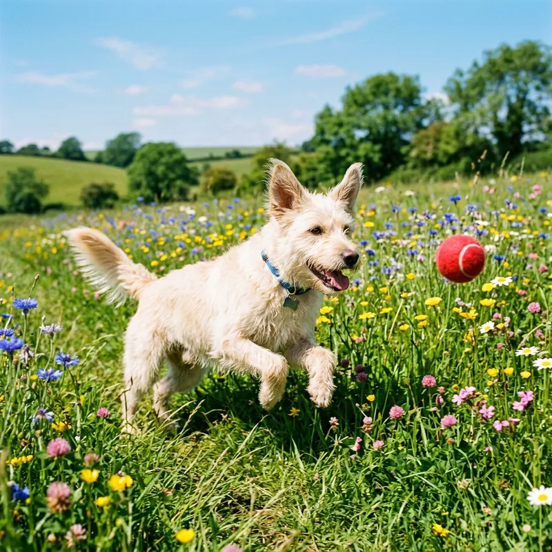 Happy Cream Dog Playing in Vibrant Green Field