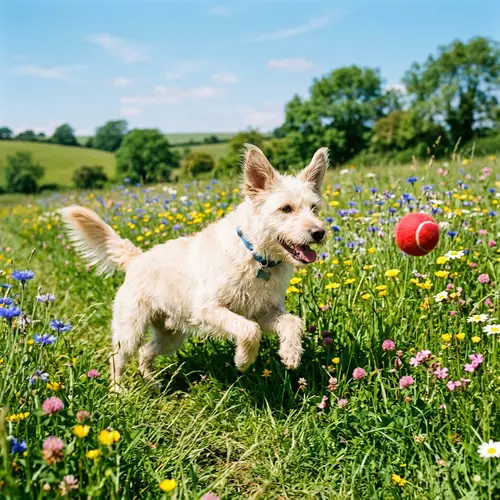 Cream Colored Happy Dog Playing in Green Field