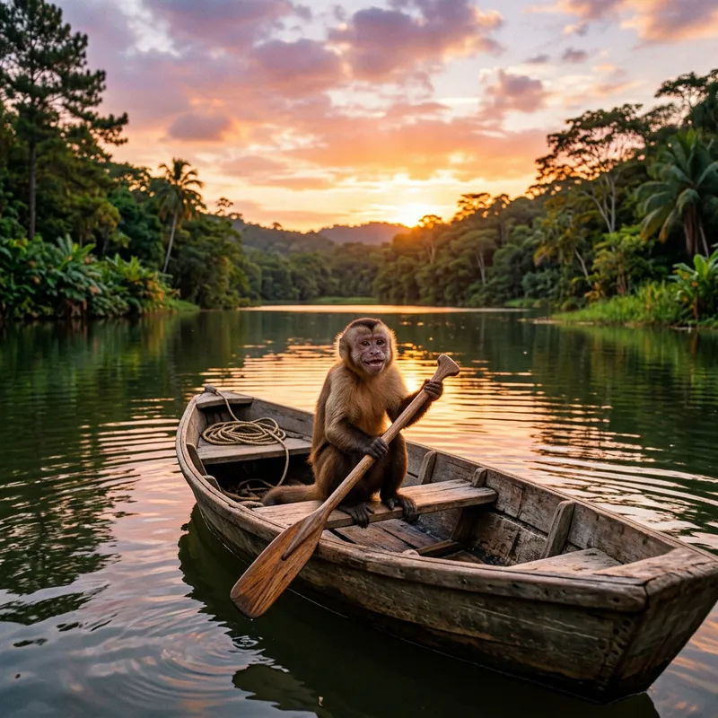Monkey in Boat | Tranquil Lake Scene Monkey in Boat | Tranquil Lake Scene